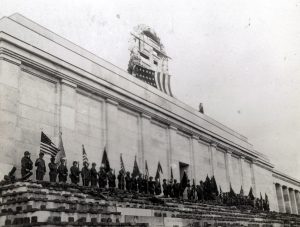 US Army occupying zeppelin field guide to nazi party rally grounds